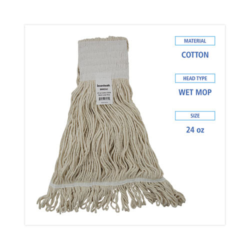 Image of Boardwalk® BWK524C Mop Head, Pro Loop Web/Tailband, Premium Saddleback Head, Cotton, 24 oz, White, 12/Carton