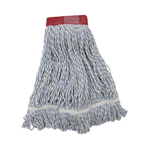 Image of Boardwalk® BWK553 Floor Finish Mop Head, Wide, Rayon/Polyester, Large, White/Blue Stripes, 12/Carton