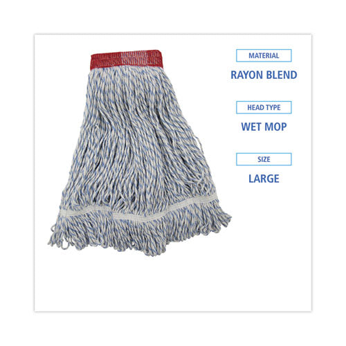 Image of Boardwalk® BWK553 Floor Finish Mop Head, Wide, Rayon/Polyester, Large, White/Blue Stripes, 12/Carton