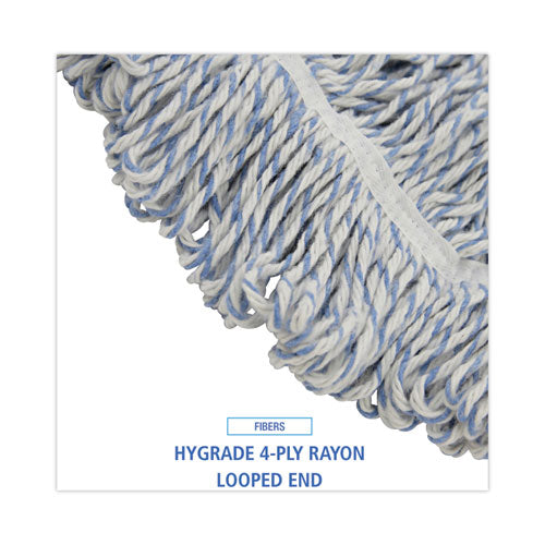 Image of Boardwalk® BWK553 Floor Finish Mop Head, Wide, Rayon/Polyester, Large, White/Blue Stripes, 12/Carton