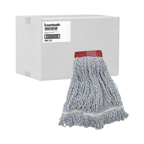 Image of Boardwalk® BWK553 Floor Finish Mop Head, Wide, Rayon/Polyester, Large, White/Blue Stripes, 12/Carton