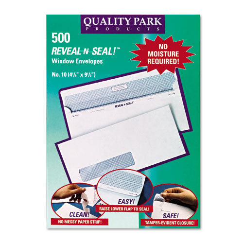 Image of Quality Park QUA67418 Reveal-N-Seal Security-Tint Envelope, Address Window, #10, Commercial Flap, Self-Adhesive Closure, 4.13 x 9.5, White, 500/Box