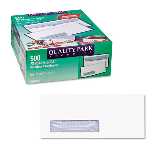 Image of Quality Park QUA67418 Reveal-N-Seal Security-Tint Envelope, Address Window, #10, Commercial Flap, Self-Adhesive Closure, 4.13 x 9.5, White, 500/Box