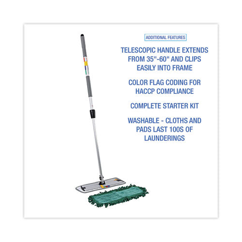 Image of Boardwalk® BWKMFKIT Microfiber Cleaning Kit, 18" Blue/Green Microfiber Head, 35" to 60" Gray Aluminum Handle