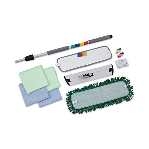 Image of Boardwalk® BWKMFKIT Microfiber Cleaning Kit, 18" Blue/Green Microfiber Head, 35" to 60" Gray Aluminum Handle