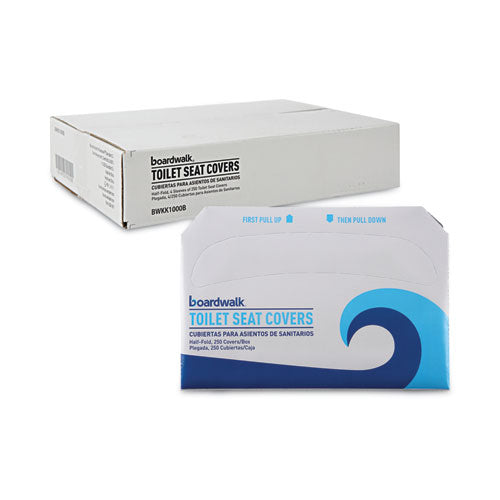 Image of Boardwalk® BWKK1000B Premium Half-Fold Toilet Seat Covers, 14.17 x 16.73, White, 250/Sleeve, 4 Sleeves/Carton