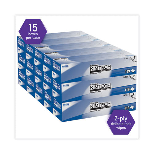 Image of Kimtech 34705 Kimwipes Delicate Task Wipers, 2-Ply, 11.8 x 11.8, Unscented, White, 120/Box, 15 Boxes/Carton