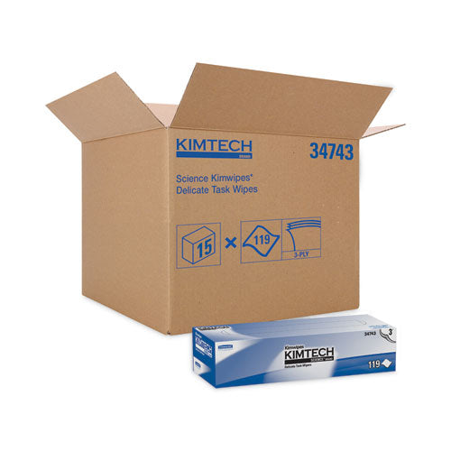 Image of Kimtech 34743 Kimwipes Delicate Task Wipers, 3-Ply, 11.8 x 11.8, Unscented, White, 100/Box, 15 Boxes/Carton