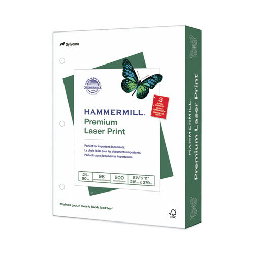 Image of Hammermill® 10768-1 Premium Laser Print Paper, 98 Bright, 3-Hole, 24 lb Bond Weight, 8.5 x 11, White, 500/Ream