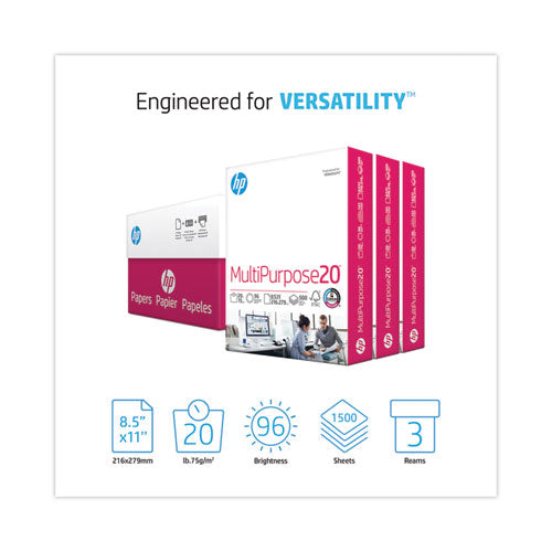 Image of HP Papers 112530 MultiPurpose20 Paper, 96 Bright, 20 lb Bond Weight, 8.5 x 11, White, 500 Sheets/Ream, 3 Reams/Carton