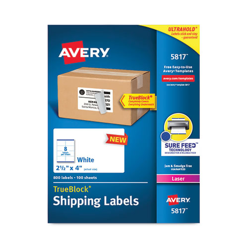 Image of Avery® 5817 Shipping Labels with TrueBlock Technology, Laser Printers,  2.5 x 4, White, 8/Sheet, 100 Sheets/Pack