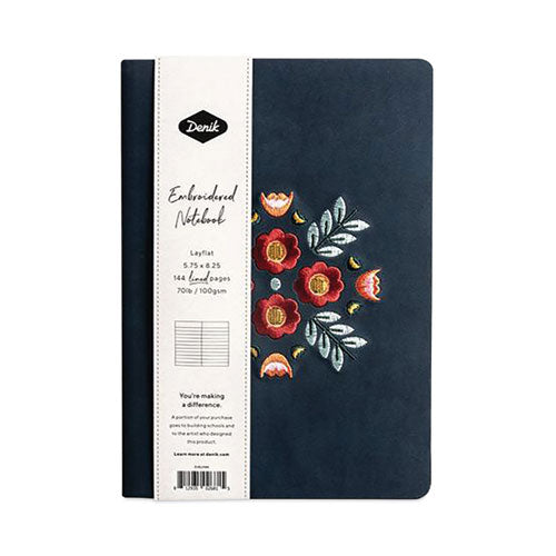 Image of Denik AHBC550L Vegan-Suede Layflat Hardbound Journal, Evelyn's Floral Bouquet, College Rule, Dark Blue/Multicolor Cover, (72) 8 x 5.5 Sheets