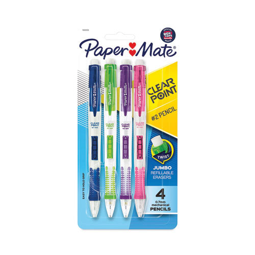 Image of Paper Mate® 1902636 Clear Point Mechanical Pencil, 0.7 mm, HB (#2), Black Lead, Assorted Barrel Colors, 4/Pack