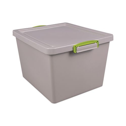 Image of Really Useful Box® 33.5-RECY-GREY 35.4 Qt. Latch Lid Storage Tote, 14.76" x 12.6" x 10.43", Dove Gray/Green