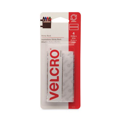 Image of VELCRO® Brand 90076 Sticky-Back Fasteners, Four 0.75" x 3.5" Strips, White