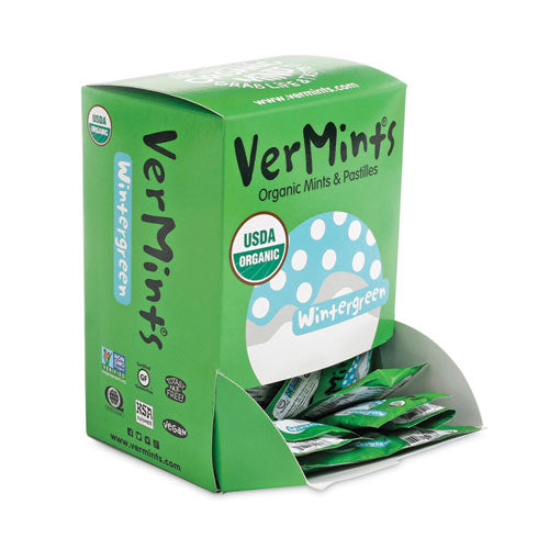Image of VerMints® VNT00993 VerMints Organic Mints/Pastilles, Wintergreen, 2 Mints/0.7 oz, Individually Wrapped, 100/Box