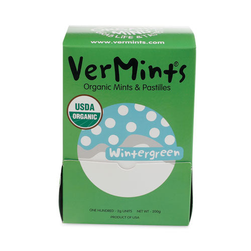 Image of VerMints® VNT00993 VerMints Organic Mints/Pastilles, Wintergreen, 2 Mints/0.7 oz, Individually Wrapped, 100/Box