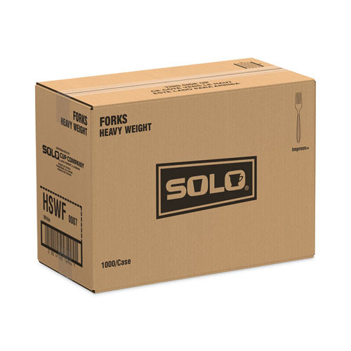 Image of SOLO® HSWF-0007 Impress Heavyweight Full-Length Polystyrene Cutlery, Fork, Plastic, White, 1,000/Carton