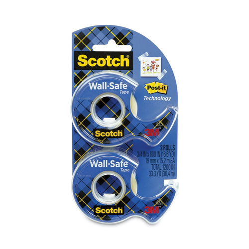 Image of Scotch® 183-DM2 Wall-Safe Tape With Dispenser, 1" Core, 0.75" X 50 Ft, Clear, 2/pack