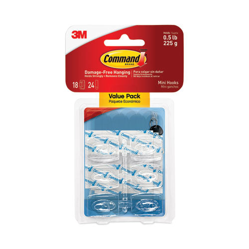 Image of Command 17006CLR-18ES Mini Clear Hooks, Plastic, Supports 0.5 lb, 18/Pack