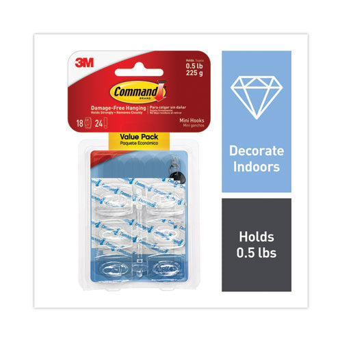 Image of Command 17006CLR-18ES Mini Clear Hooks, Plastic, Supports 0.5 lb, 18/Pack