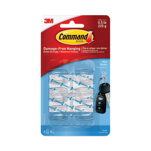 Image of Command 17006CLR-ES Mini Clear Hooks, Plastic, Supports 0.5 lb, 6/Pack