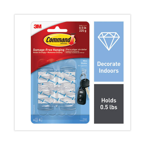 Image of Command 17006CLR-ES Mini Clear Hooks, Plastic, Supports 0.5 lb, 6/Pack