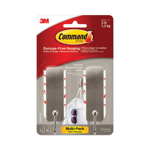 Image of Command 17034BN-2ES Medium Indoor Decorative Hooks, Metal, Brushed Nickel, Supports 3 lb, 2/Pack