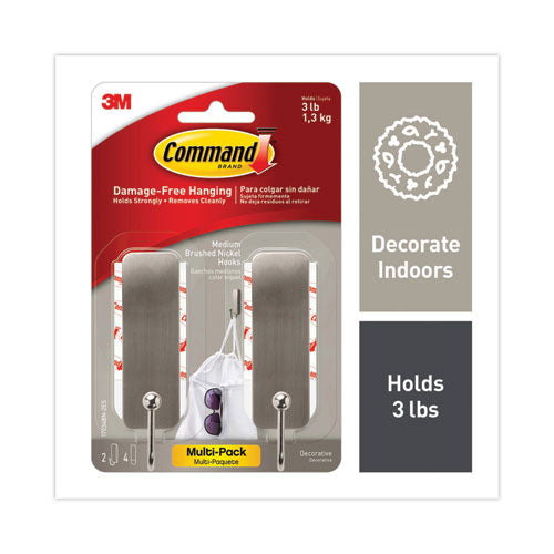 Image of Command 17034BN-2ES Medium Indoor Decorative Hooks, Metal, Brushed Nickel, Supports 3 lb, 2/Pack