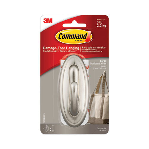 Image of Command 17053BN-ES Large Traditional Decorative Hooks, Metal, Brushed Nickel, Supports 5 lb