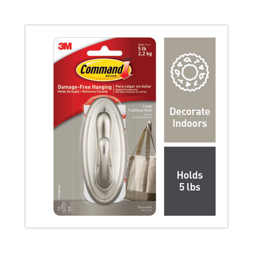 Image of Command 17053BN-ES Large Traditional Decorative Hooks, Metal, Brushed Nickel, Supports 5 lb