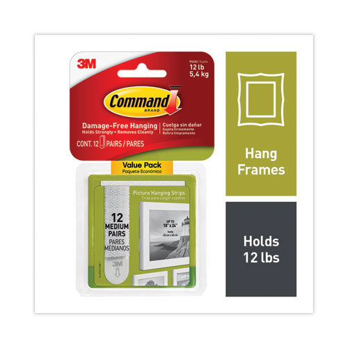 Image of Command 17204-12ES Damage-Free Hanging Picture Hanging Strip Pairs, Holds Up to 2.5 lb, Medium: 0.75" x 2.75", White, 12/Pack