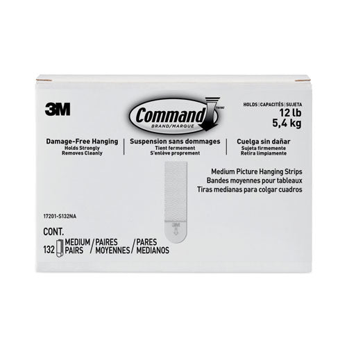 Image of Command 17201-S132NA Damage-Free Hanging Picture Hanging Strip Pairs, Holds Up to 2.5 lb, Medium: 0.75" x 2.75", White, 132/Pack
