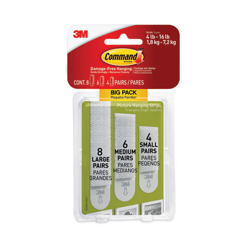 Image of Command Picture Hanging Strips Big Pack, Removable, (4) Small, (6) Medium, (8) Large, White, 18 Pairs/pack