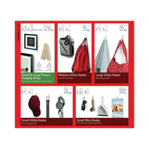 Image of Command 17231-ES General Purpose Hooks, Variety Pack, Assorted Sizes, Plastic, White, 0.5, 1, 3, 5, 16 lb Capacities, 54 Pieces/Pack