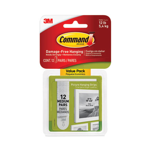 Image of Command 17204-12ES Damage-Free Hanging Picture Hanging Strip Pairs, Holds Up to 2.5 lb, Medium: 0.75" x 2.75", White, 12/Pack