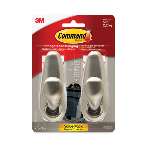 Image of Command FC13-BN-2ES LG Adhesive Mount Metal Hook, Large, Brushed Nickel Finish, 5 lb Capacity, 2 Hooks and 4 Strips/Pack