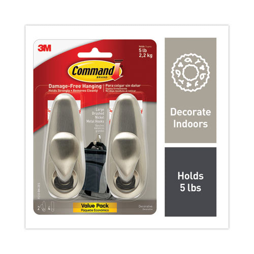 Image of Command FC13-BN-2ES LG Adhesive Mount Metal Hook, Large, Brushed Nickel Finish, 5 lb Capacity, 2 Hooks and 4 Strips/Pack