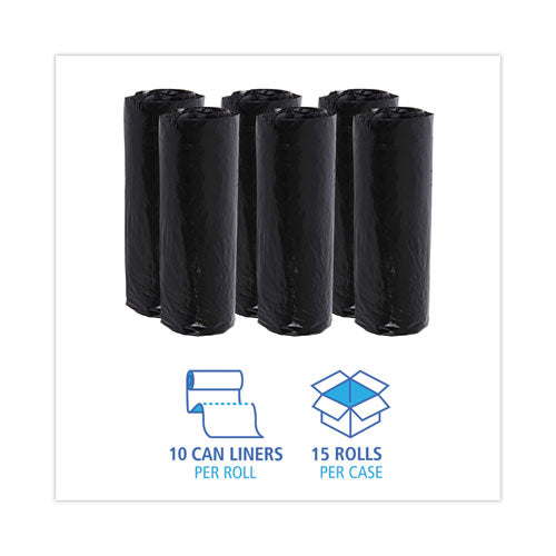 Image of Boardwalk® W4832YKKR01 Low-Density Waste Can Liners, 16 gal, 1 mil, 24" x 32", Black, Perforated Roll, 10 Bags/Roll, 15 Rolls/Carton