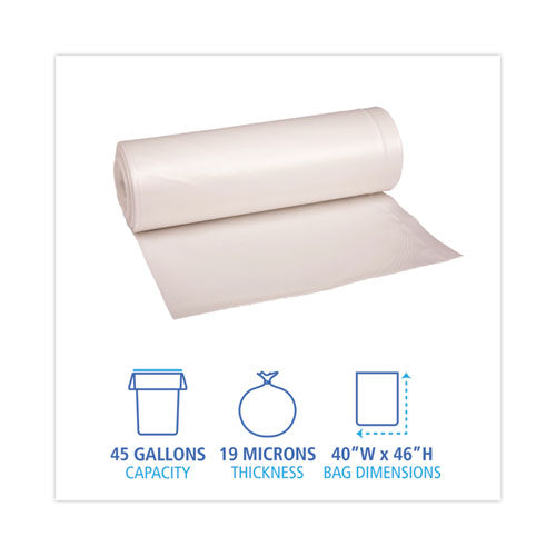 Image of Boardwalk® V8046ENKR01 High-Density Can Liners, 45 gal, 19 mic, 40" x 46", Natural, Perforated Roll, 25 Bags/Roll, 6 Rolls/Carton