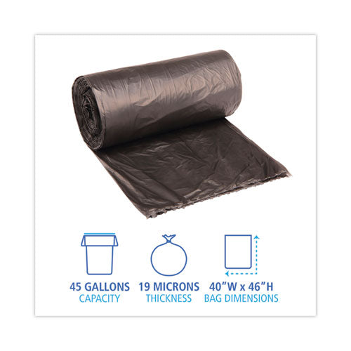Image of Boardwalk® V8046EKKR01 High-Density Can Liners, 45 gal, 19 mic, 40" x 46", Black, Perforated Roll, 25 Bags/Roll, 6 Rolls/Carton