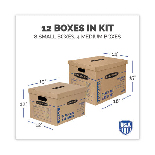 Image of Bankers Box® 7716401 SmoothMove Classic Moving/Storage Box Kit, Half Slotted Container (HSC), Assorted Sizes: (8) Small, (4) Med, Brown/Blue,12/CT
