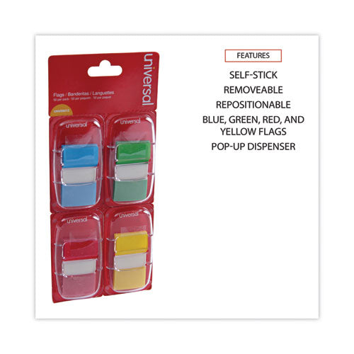 Image of Universal® UNV99012 Deluxe Pop-Up Page Flags, 1 x 1.75, Four Assorted Colors, 50 Flags/Dispenser, 4 Dispensers/Pack