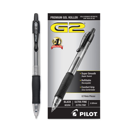 Image of Pilot® 31277 G2 Premium Gel Pen Convenience Pack, Retractable, Extra-Fine 0.38 mm, Black Ink, Smoke/Black Barrel, Dozen