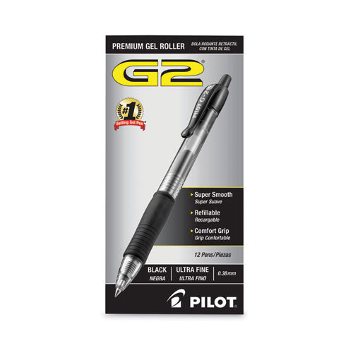 Image of Pilot® 31277 G2 Premium Gel Pen Convenience Pack, Retractable, Extra-Fine 0.38 mm, Black Ink, Smoke/Black Barrel, Dozen