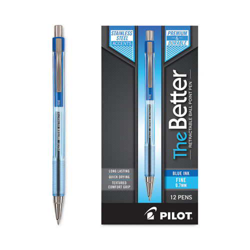 Image of Pilot® 30001 Better Ballpoint Pen, Retractable, Fine 0.7 Mm, Blue Ink, Translucent Blue Barrel, Dozen