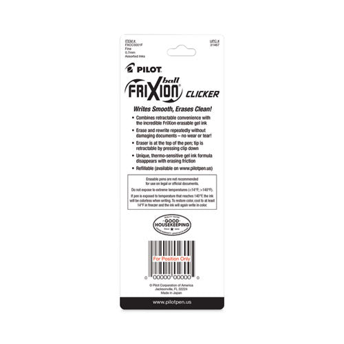Image of Pilot® 31467 FriXion Clicker Erasable Gel Pen, Retractable, Fine 0.7 mm, Assorted Business Ink and Barrel Colors, 3/Pack