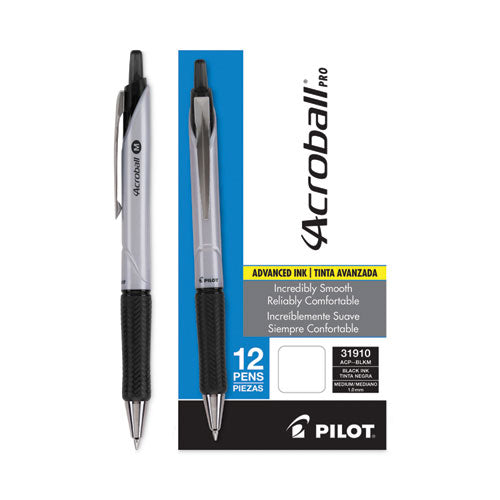 Image of Pilot® 31910 Acroball Pro Advanced Ink Hybrid Gel Pen, Retractable, Medium 1 mm, Black Ink, Silver/Black Barrel, Dozen