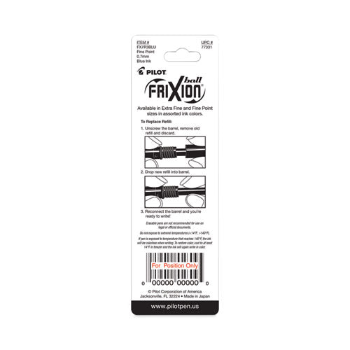 Image of Pilot® 77331 Refill For Pilot Frixion Erasable, Frixion Ball, Frixion Clicker And Frixion Lx Gel Ink Pens, Fine Tip, Blue Ink, 3/pack