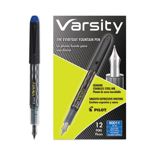Image of Pilot® 90011 Varsity Fountain Pen, Medium 1 mm, Blue Ink, Clear/Black/Blue Barrel